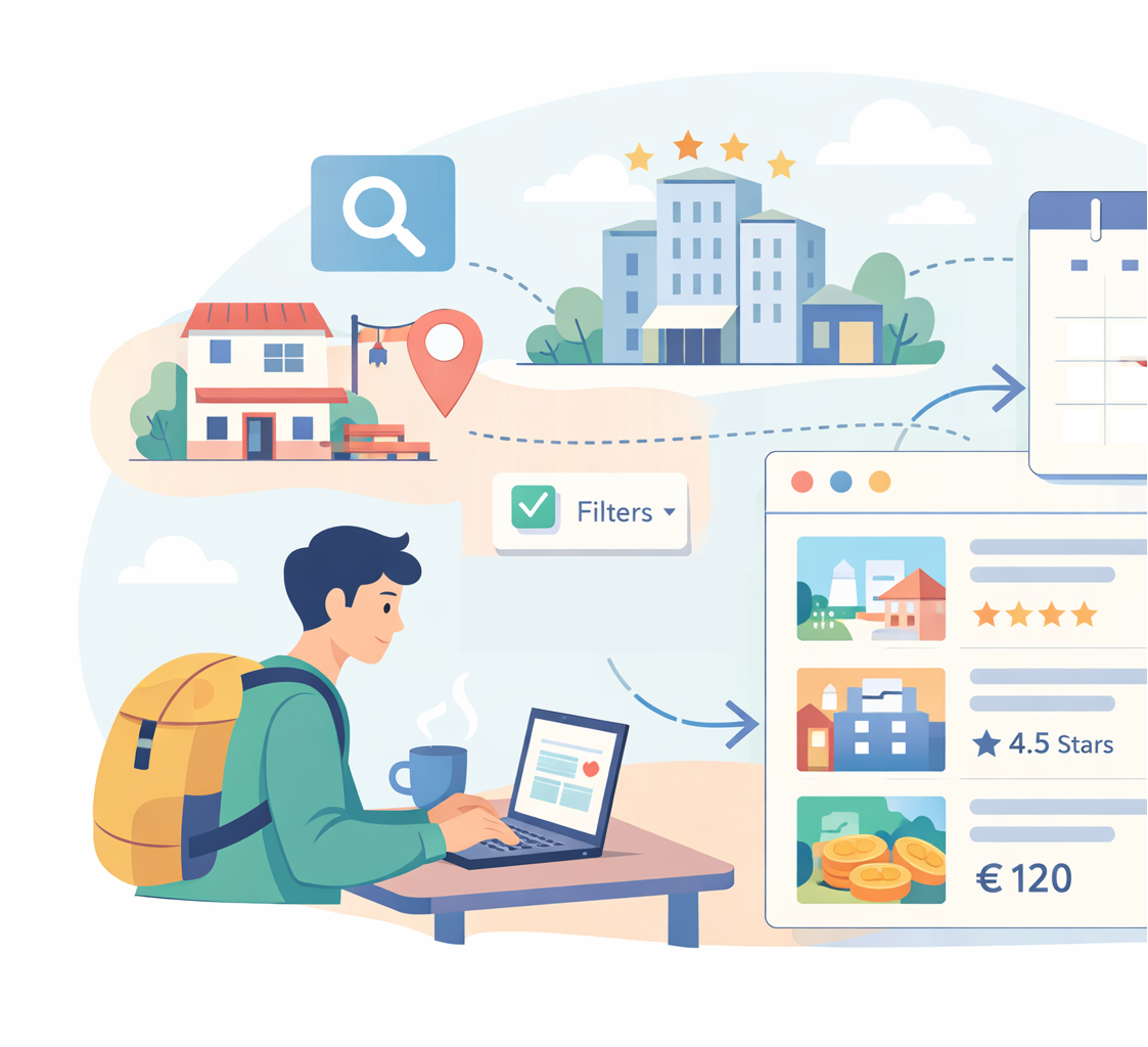 Illustration: chalet, villa and hostel representing client variety