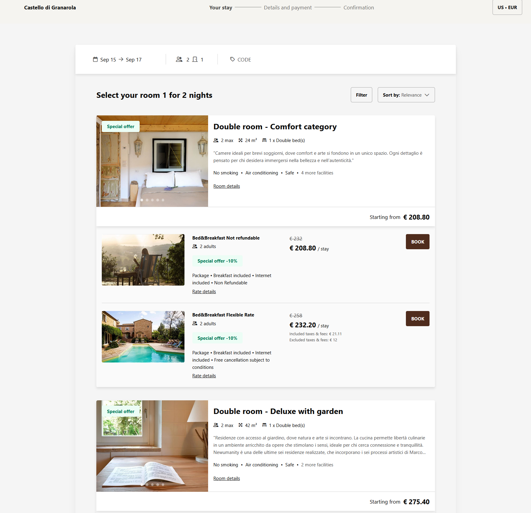 Castello di Granarola booking page preview